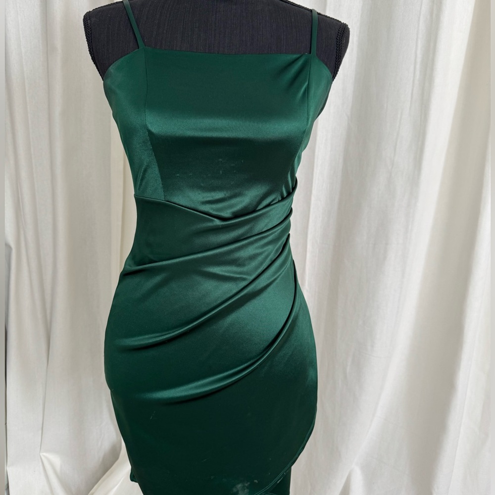 Emerald Sundae Deep Emerald Satin Ruched Mini Dress